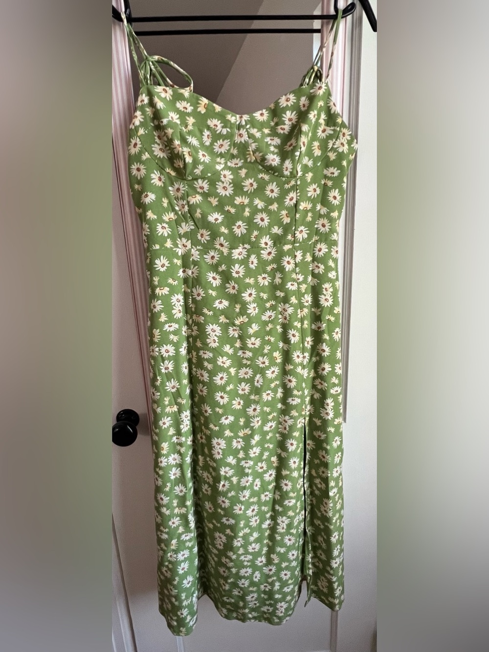 Green Daisy Print Maxi Dress with Slim Straps